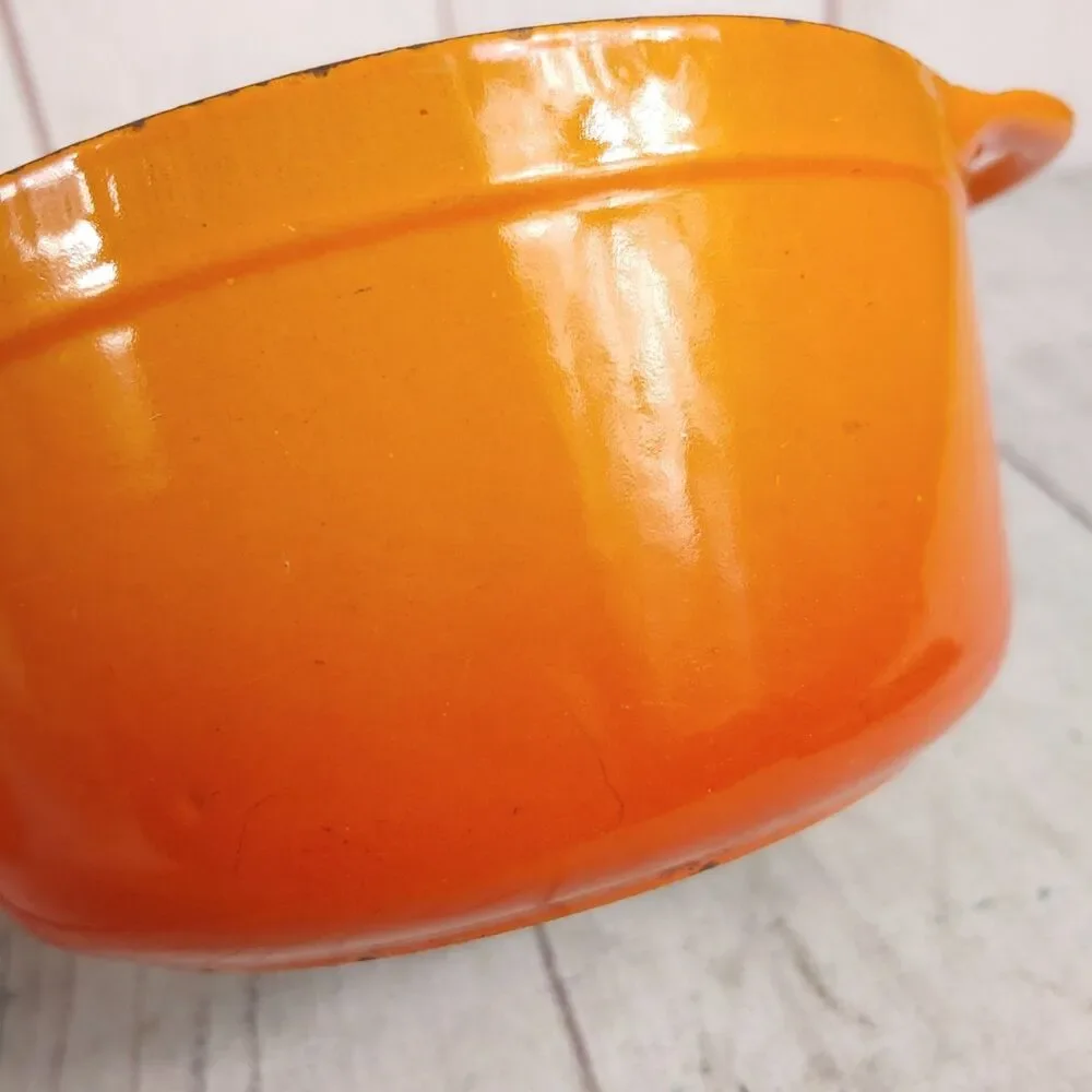 VINTAGE Cousances #16 ENAMELED Cast Iron Sauce Pan - Pot Orange w/ Lid - France